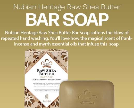 Nubian Heritage bars on bathroom shelf styled to show everyday use and convenience