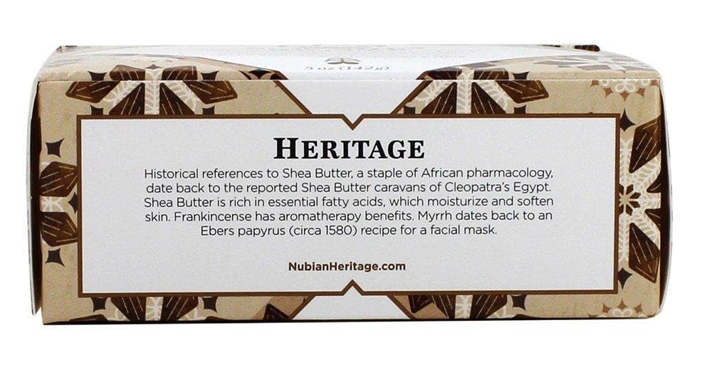 Nubian Heritage label closeup listing raw shea, myrrh, aloe, oats and vitamin E benefits