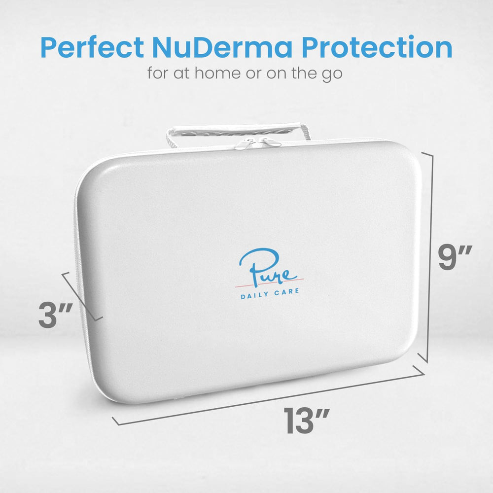 Pure Daily Care NuDerma case beside suitcase showing travel-ready size