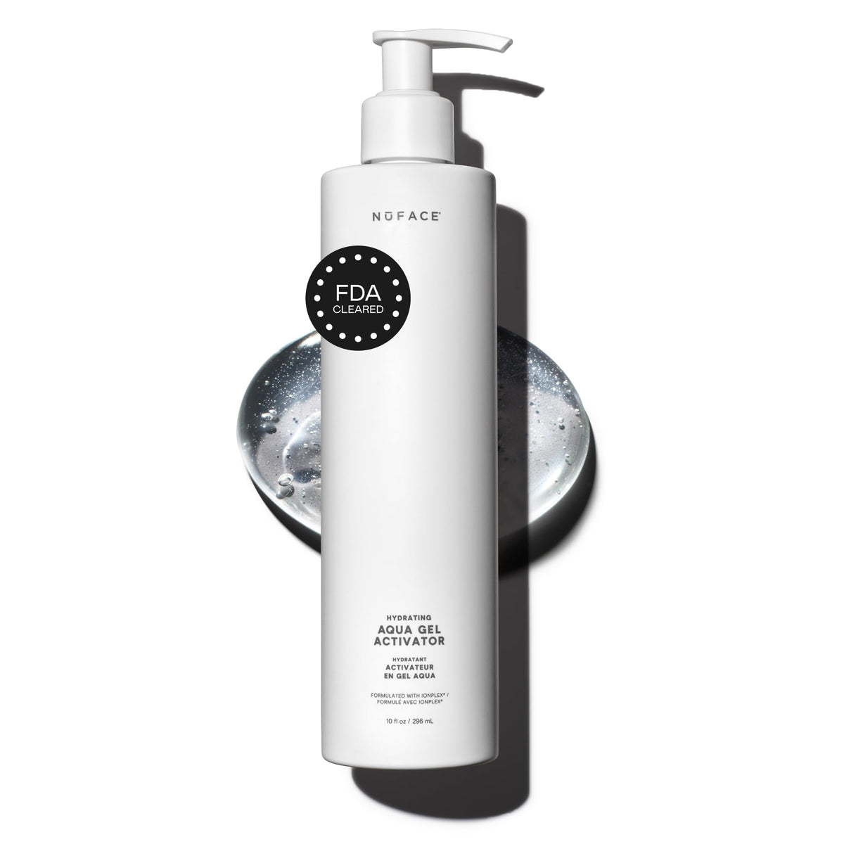 NuFACE IonPlex gel front view showing 10 oz bottle and clear gel for reliable conductivity