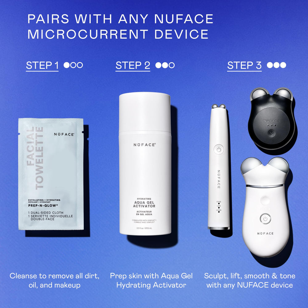NuFACE IonPlex gel next to common-sized bottle for scale and travel convenience