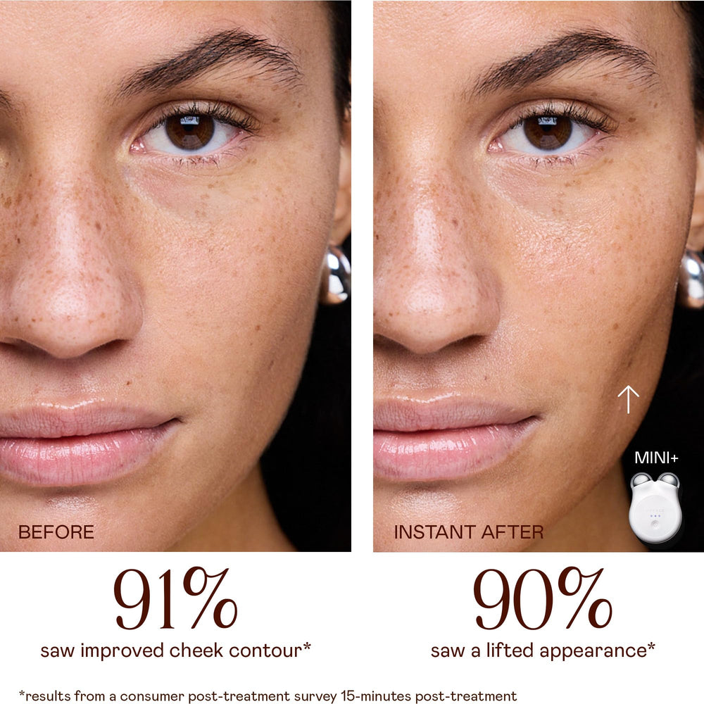Close-up of NuFACE MINI+ device head highlighting smooth treatment electrodes for comfort