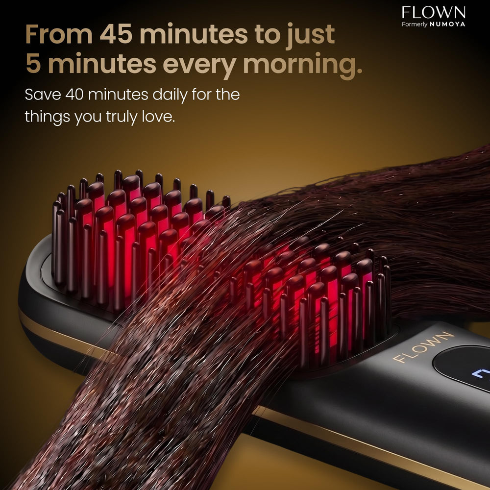 NUMOYA Flown Go Brush MAX on a vanity with mirror suggesting quick morning styling routine