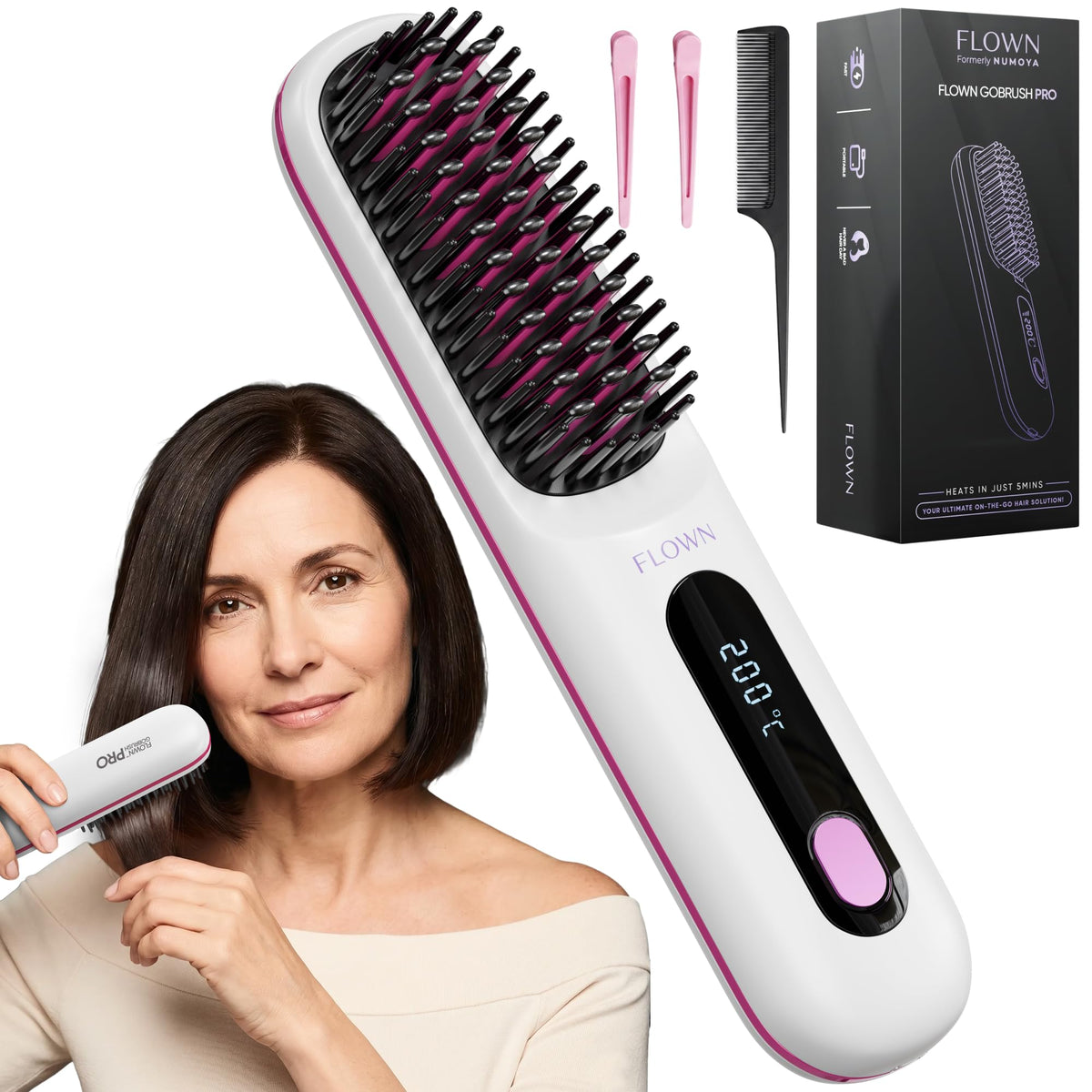 NUMOYA Flown® front view showing sleek white cordless brush and design benefits