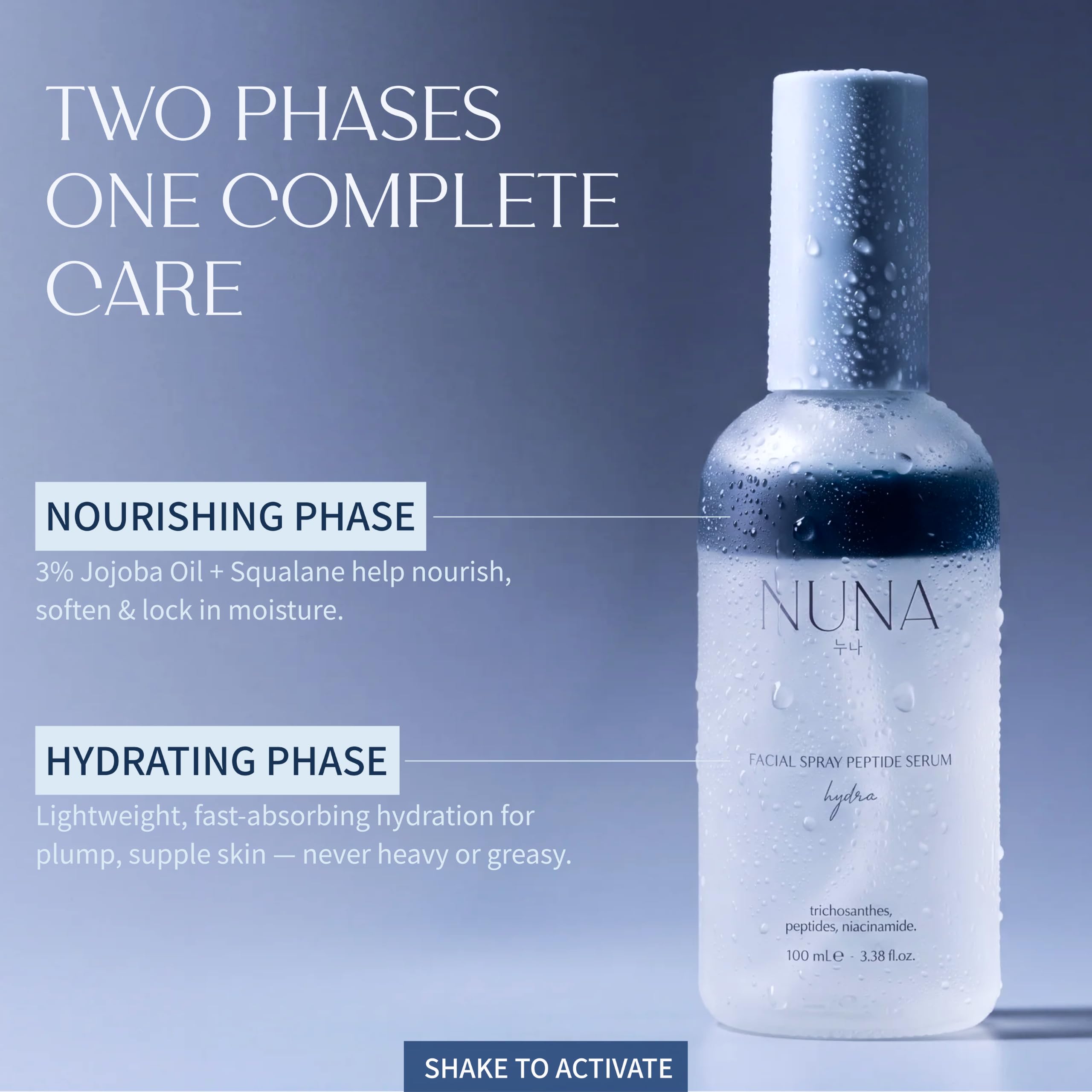 NUNA label showing peptides, niacinamide, and hyaluronic acid benefits