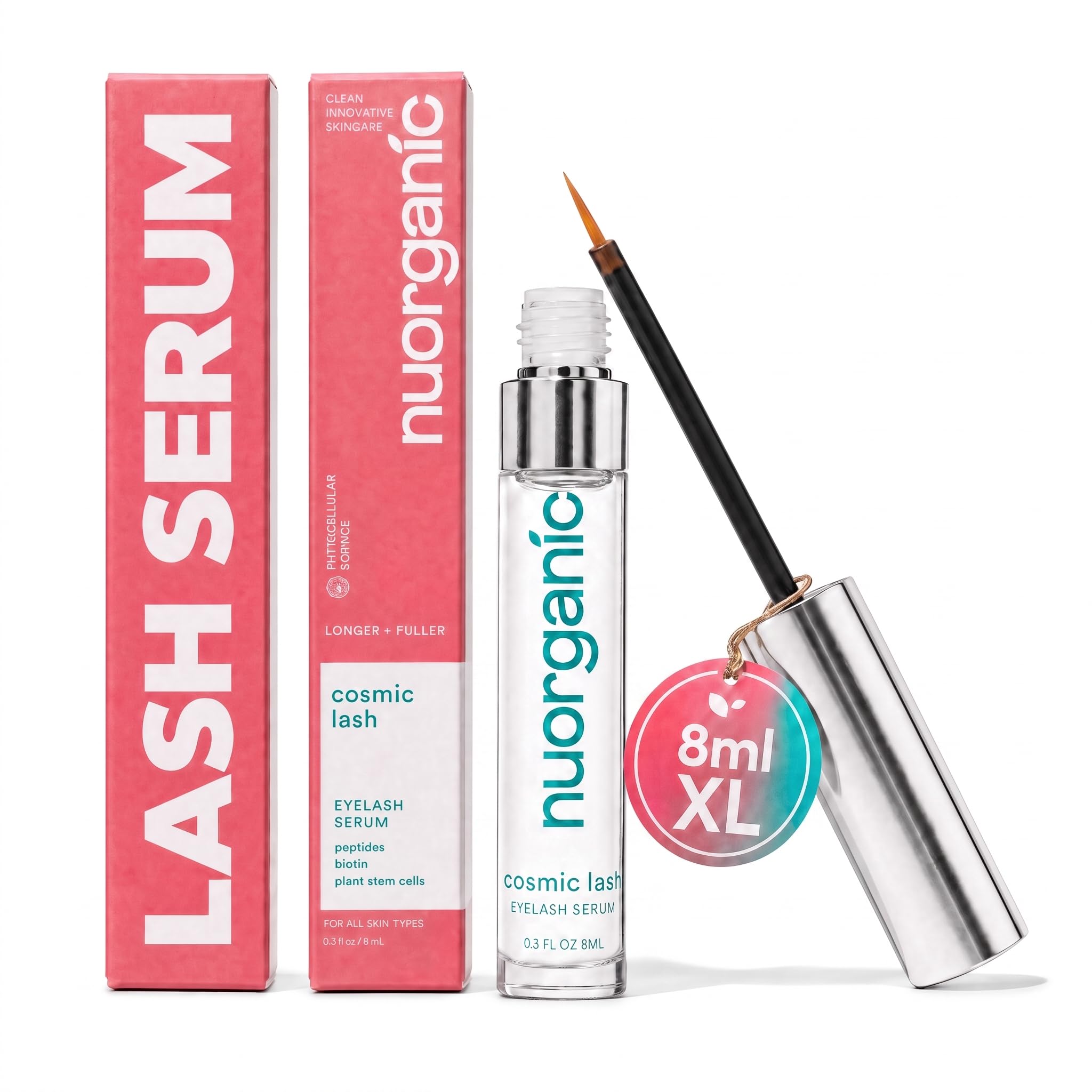 NuOrganic front packaging showing XL 8ml bottle and box benefit: longer-looking lashes