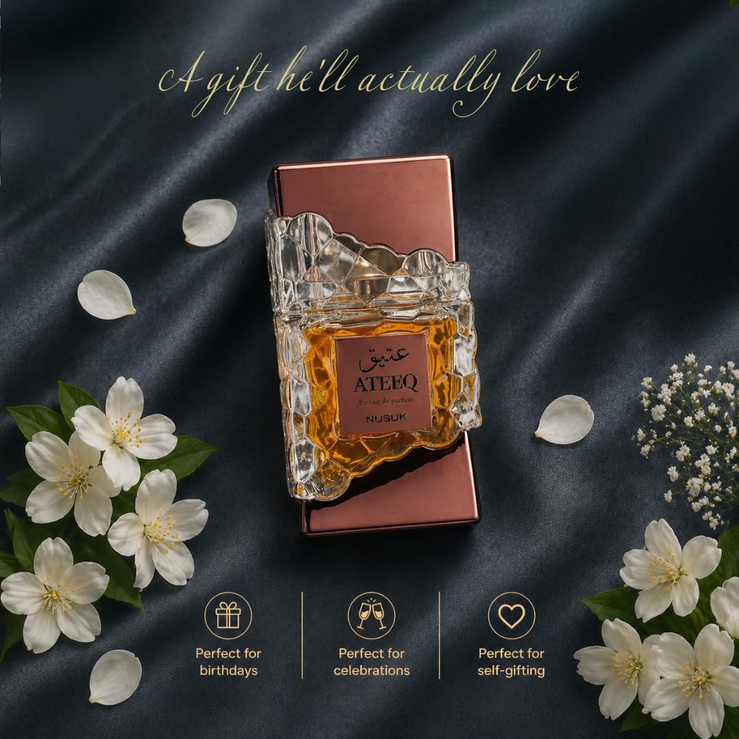 Spray texture of Nusuk Ateeq on skin showing smooth, long‑lasting finish
