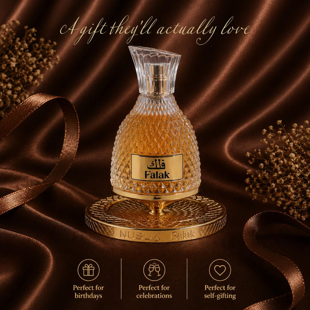 Nusuk Falak bottle beside a standard item showing 100ml scale