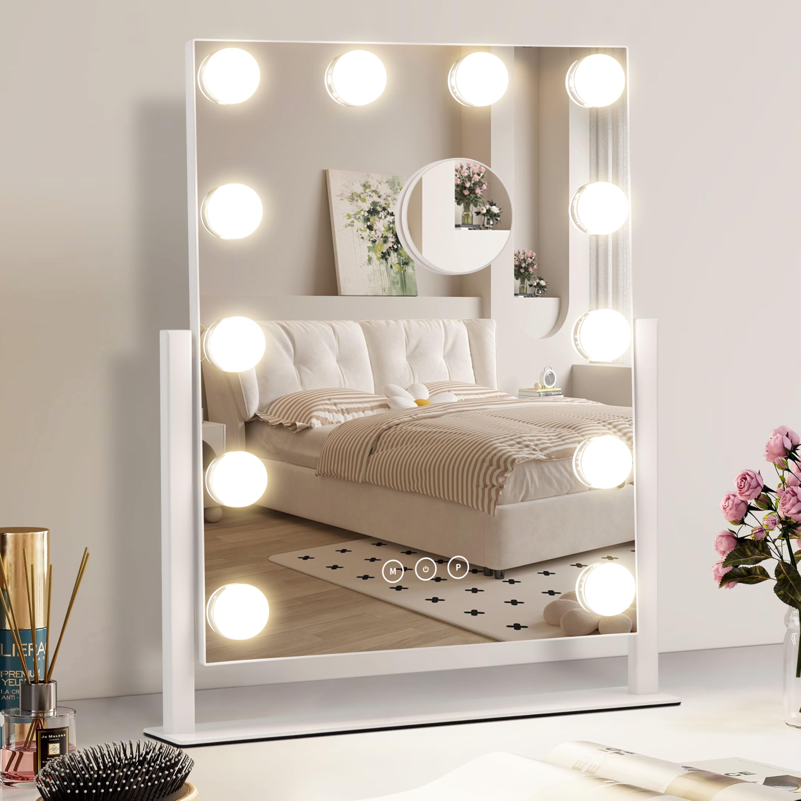 NUSVAN front view of full 14.6-inch lighted vanity mirror showing bulbs and frame for even lighting