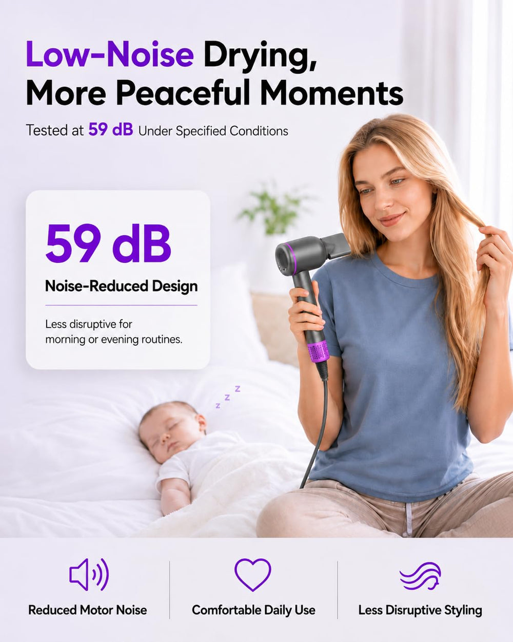 NUTROMO on bathroom vanity demonstrating quiet operation for daily routines