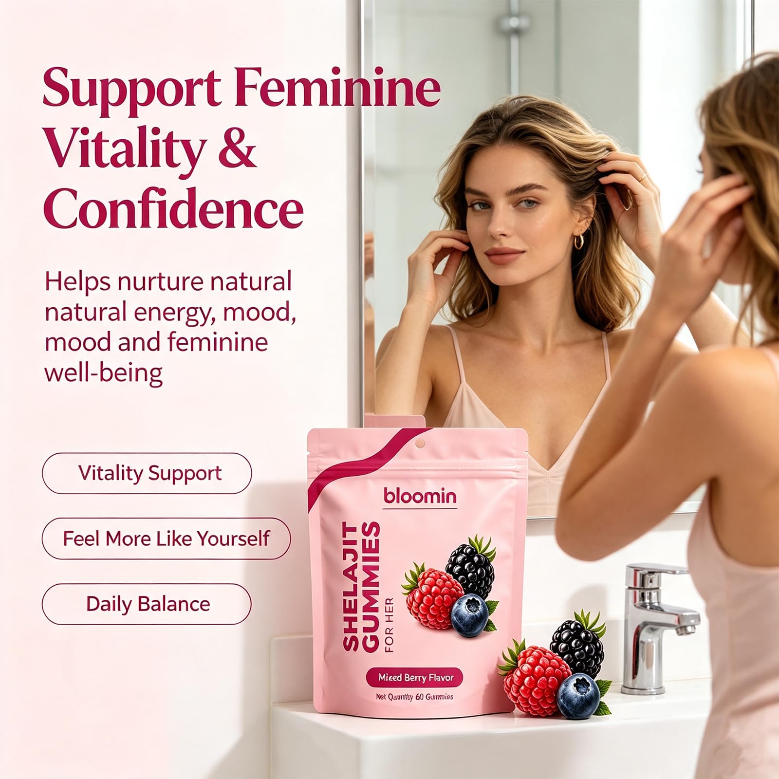 NUVASKIN Bloomin woman taking gummy, demonstrating convenient daily use and on-the-go benefit