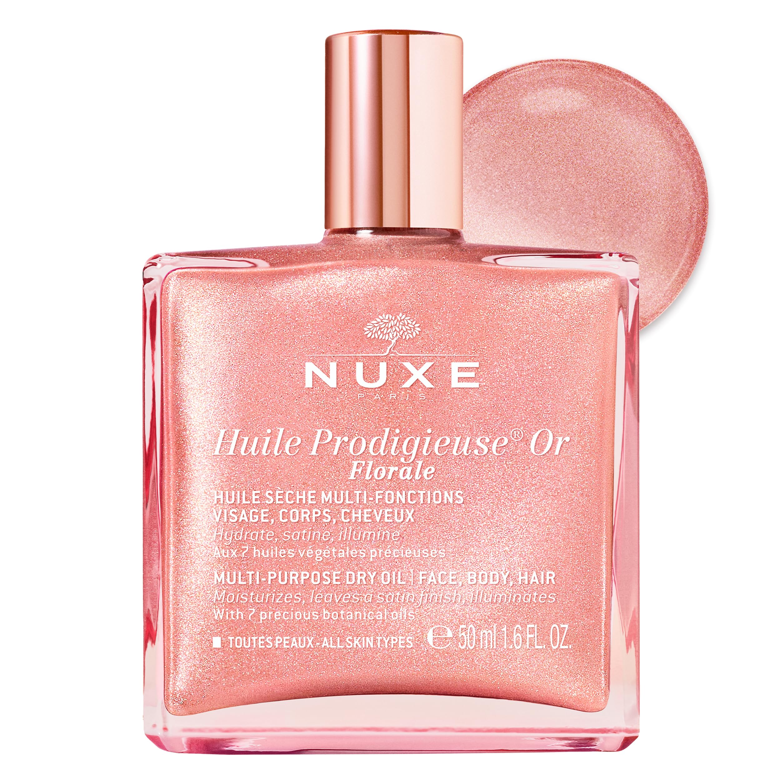 NUXE front bottle showing packaging and elegant rose-gold shimmer finish