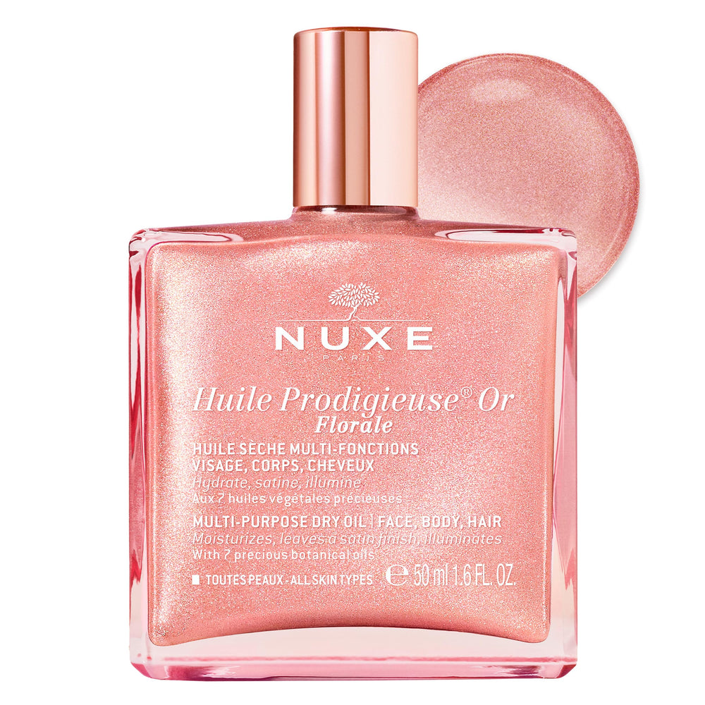 NUXE front bottle showing packaging and elegant rose-gold shimmer finish