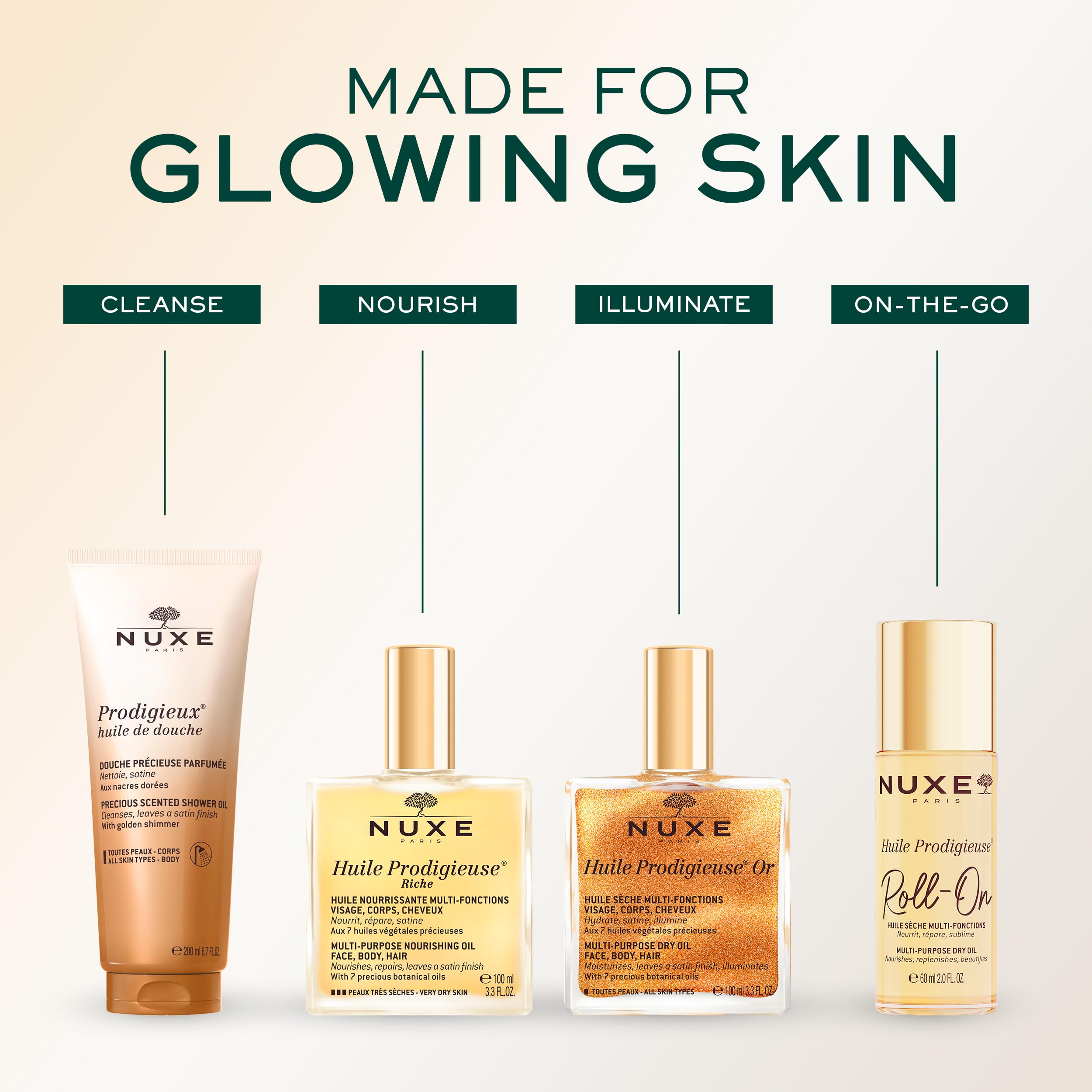 NUXE oil lifestyle shot on model conveying glowing, soft skin