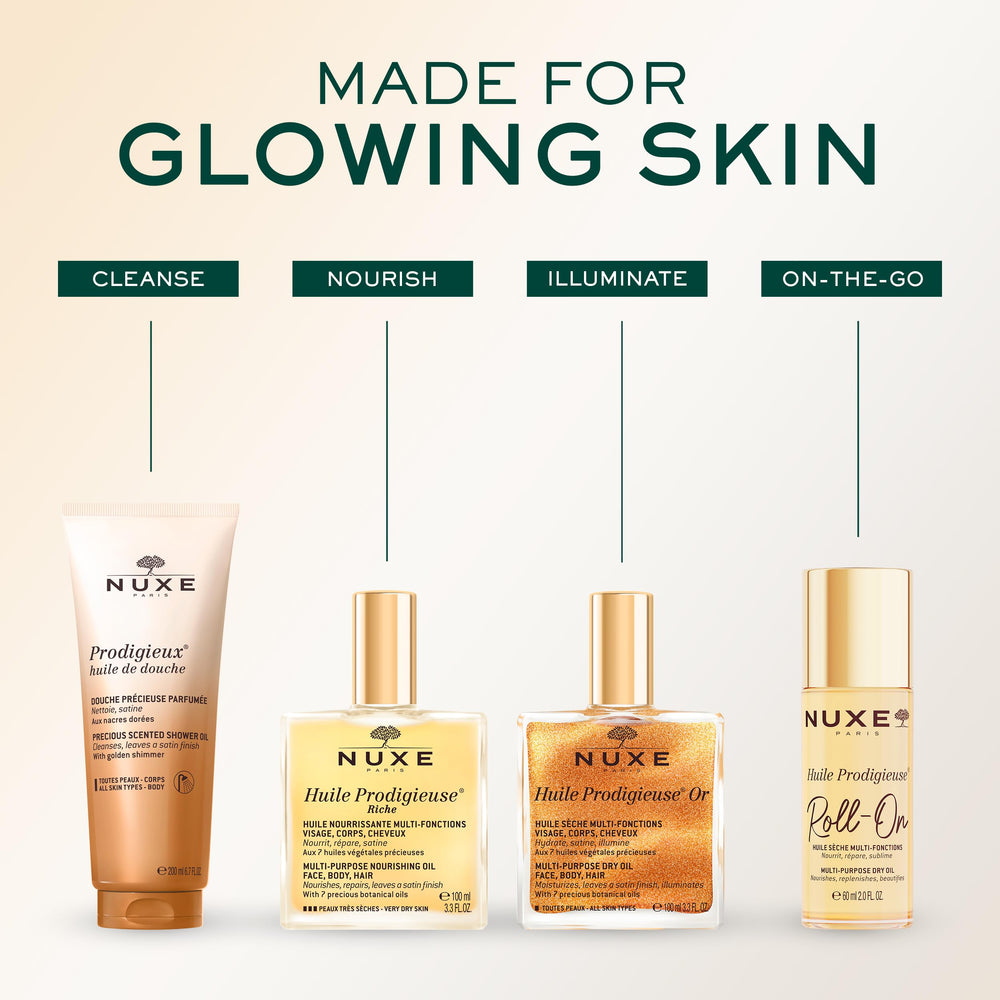 NUXE oil lifestyle shot on model conveying glowing, soft skin