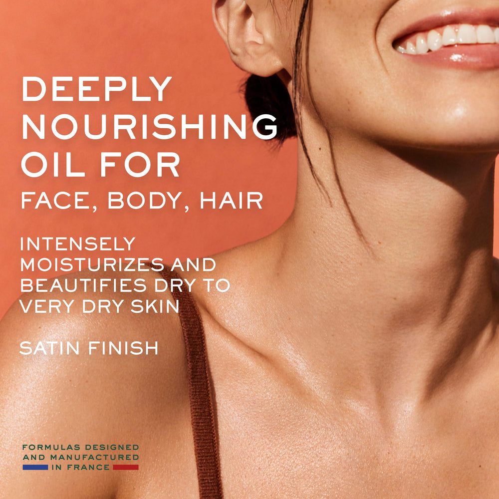 NUXE oil applied to face close-up, nourishing skin visibly