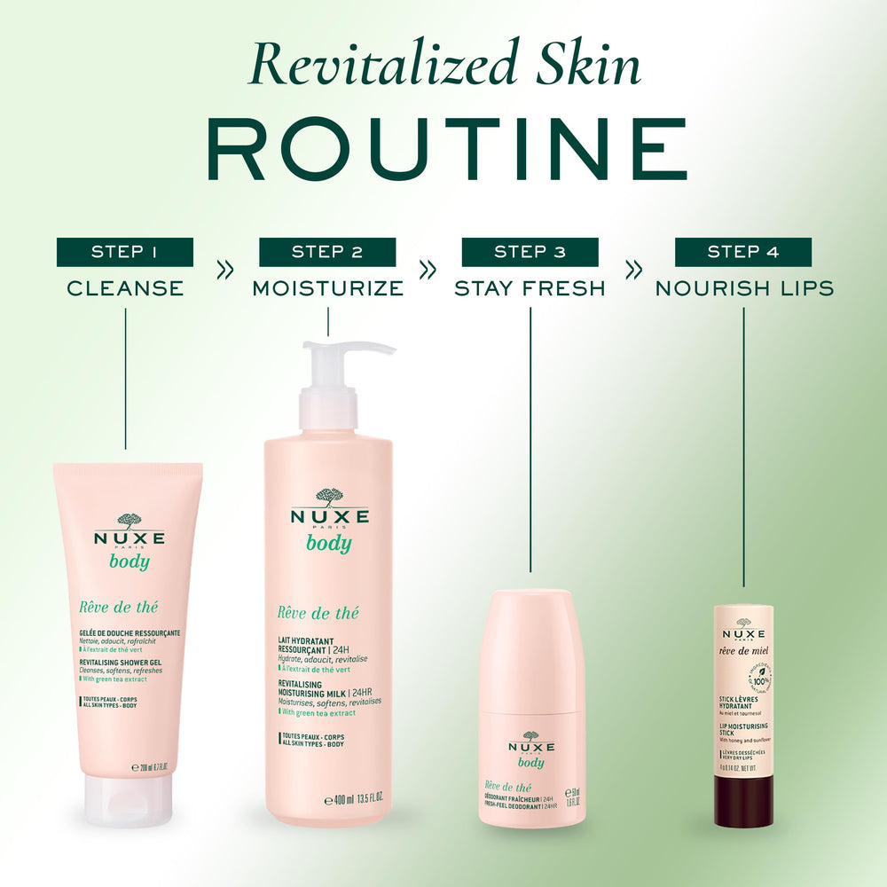 NUXE lifestyle bathroom counter showing easy daily use and refreshing green tea scent