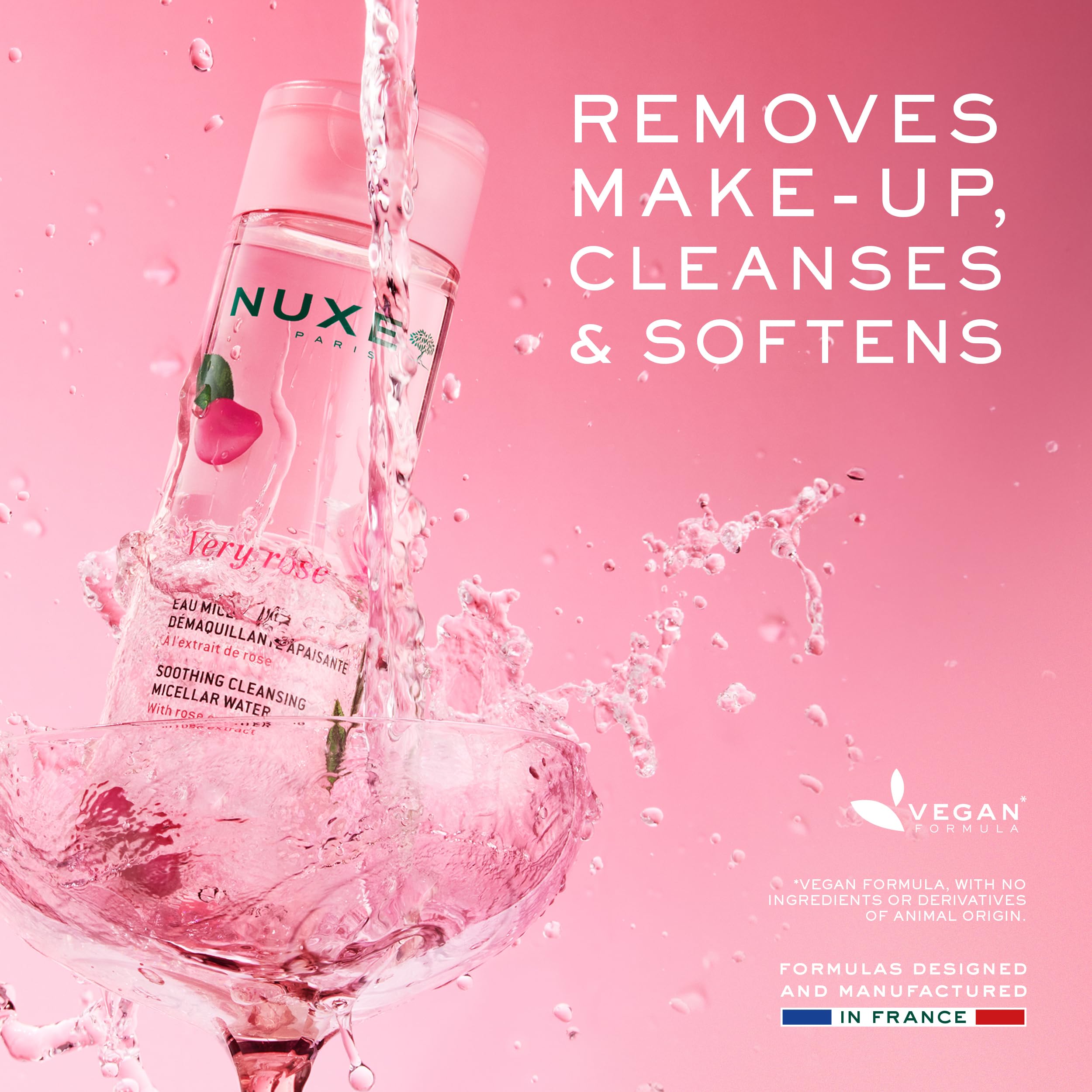 NUXE ingredients label close-up highlighting rose water and botanical complex benefits