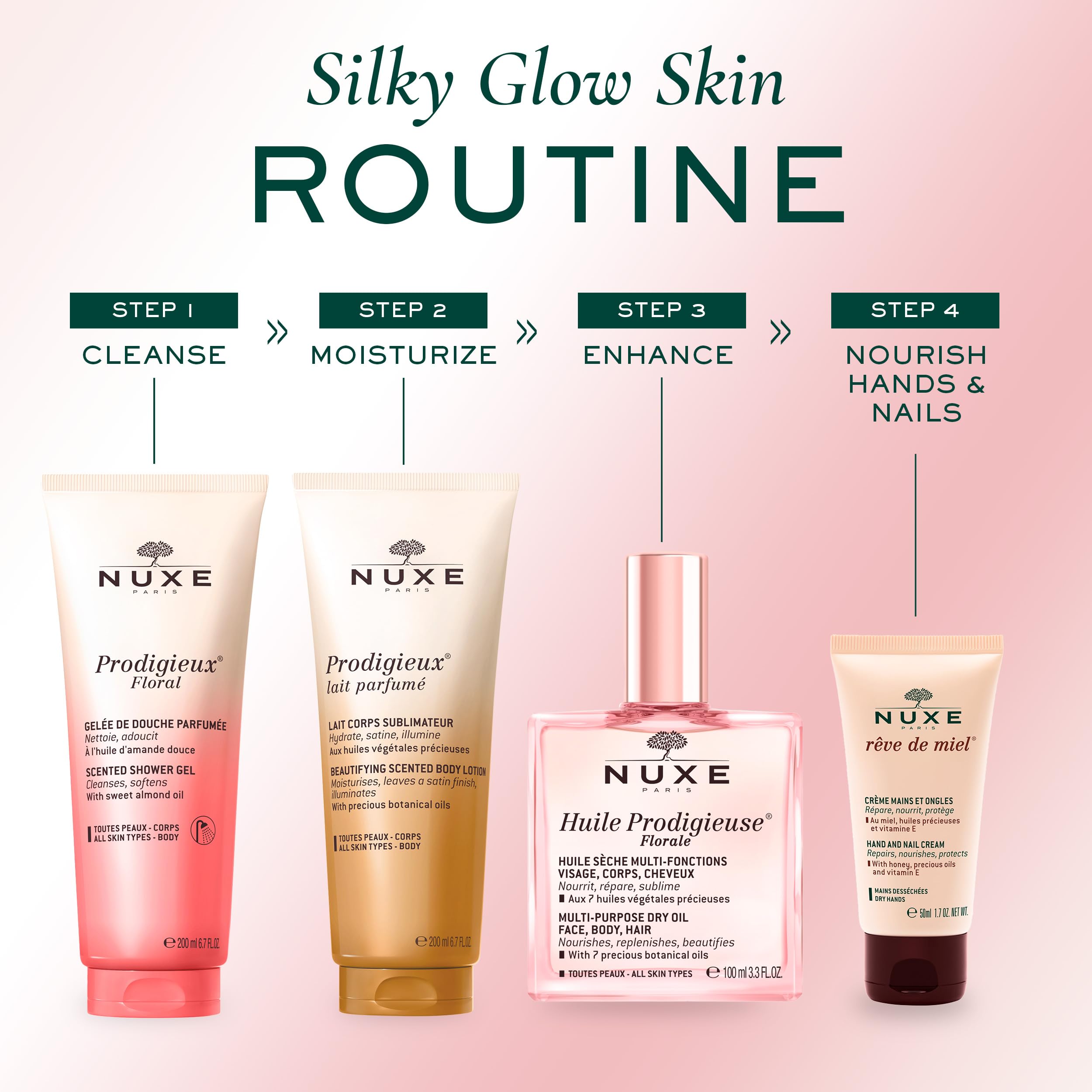 NUXE placed on bathroom shelf with towels, evokes relaxing scented shower