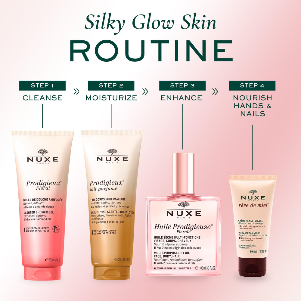 NUXE placed on bathroom shelf with towels, evokes relaxing scented shower