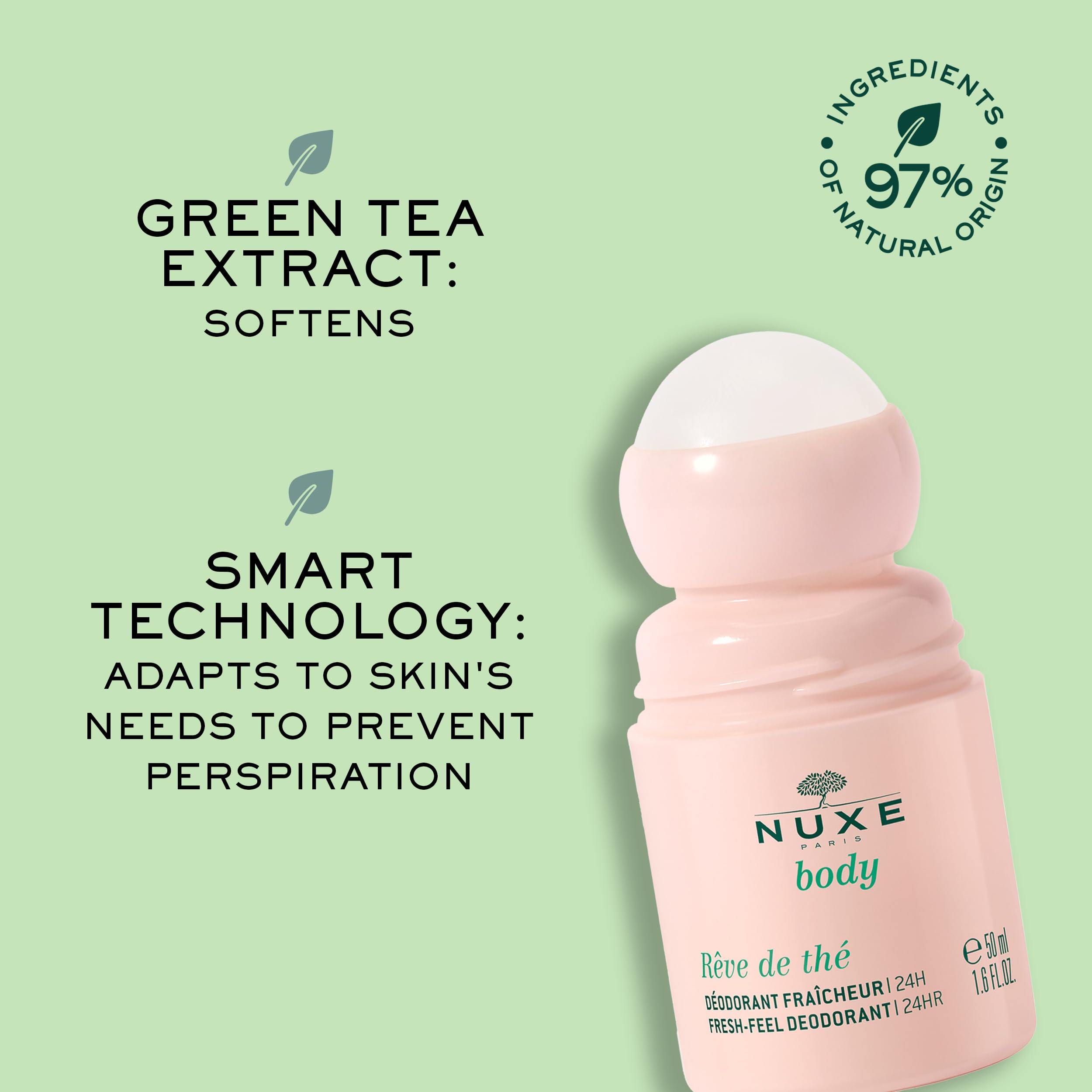 NUXE size and scale next to hand showing portable 1.6 fl oz convenience