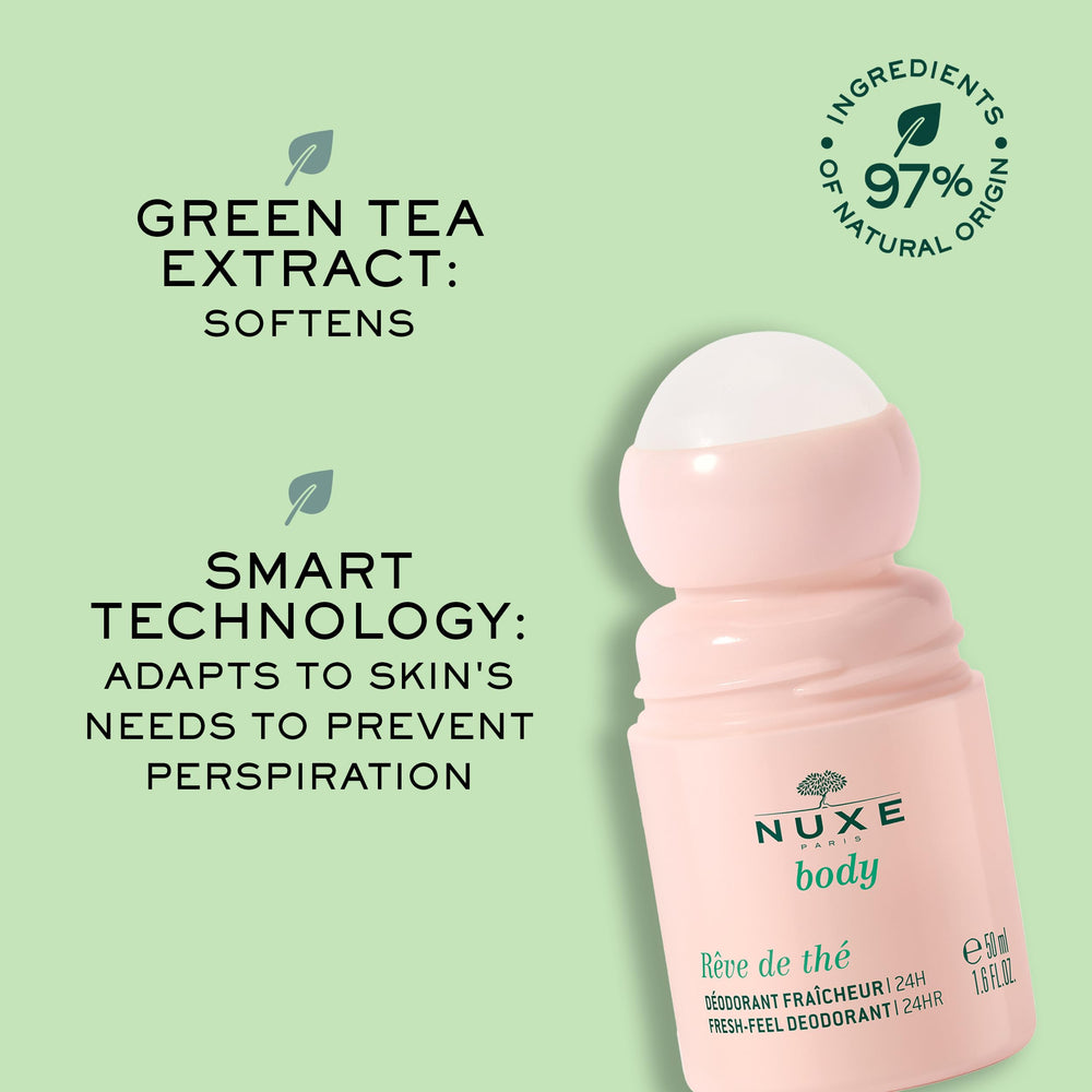 NUXE size and scale next to hand showing portable 1.6 fl oz convenience
