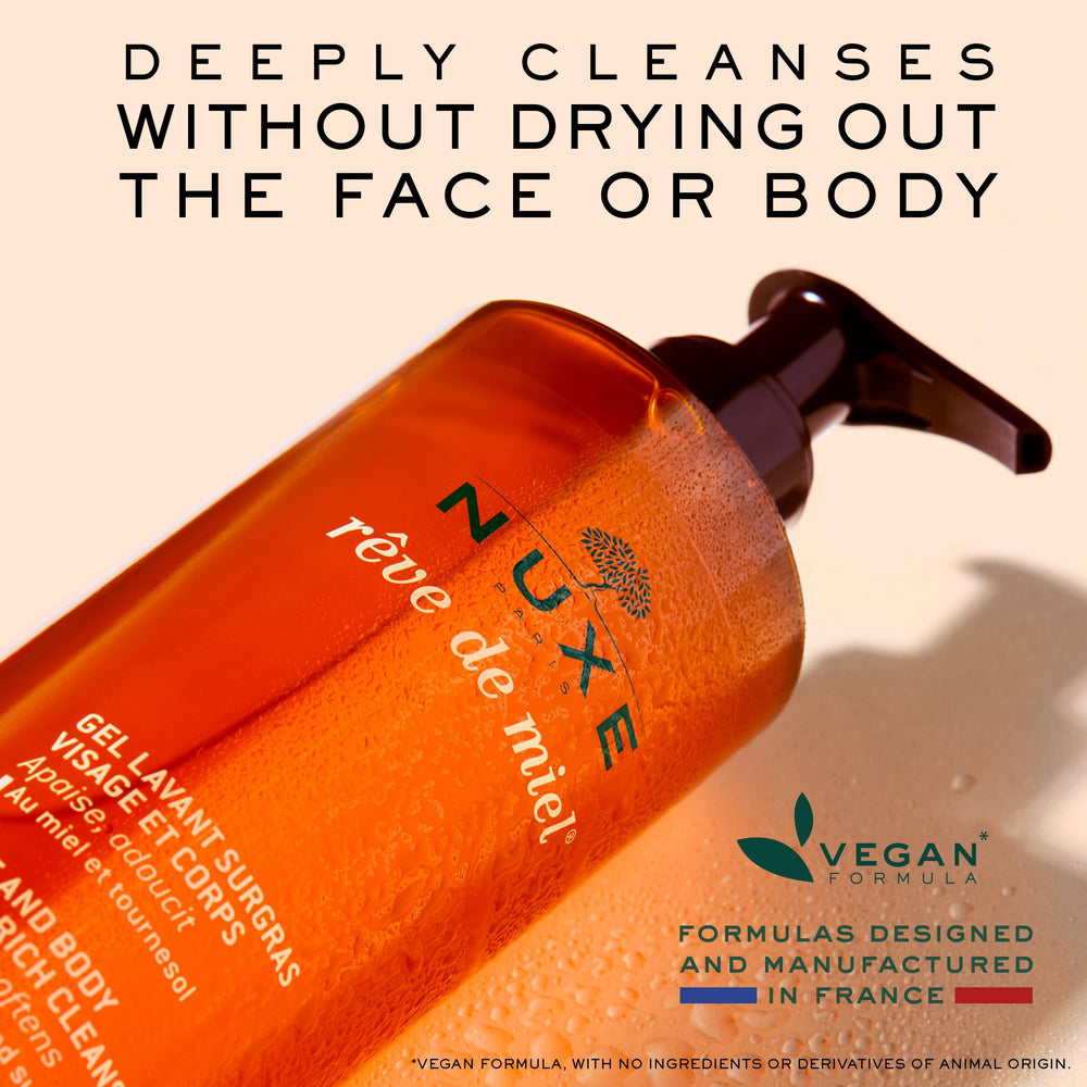 NUXE close-up texture of the creamy gel demonstrating rich lather and moisture-rich feel