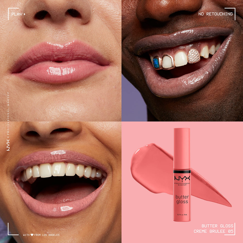 NYX PROFESSIONAL MAKEUP gloss on model lips demonstrating non-sticky shine and flattering finish benefit
