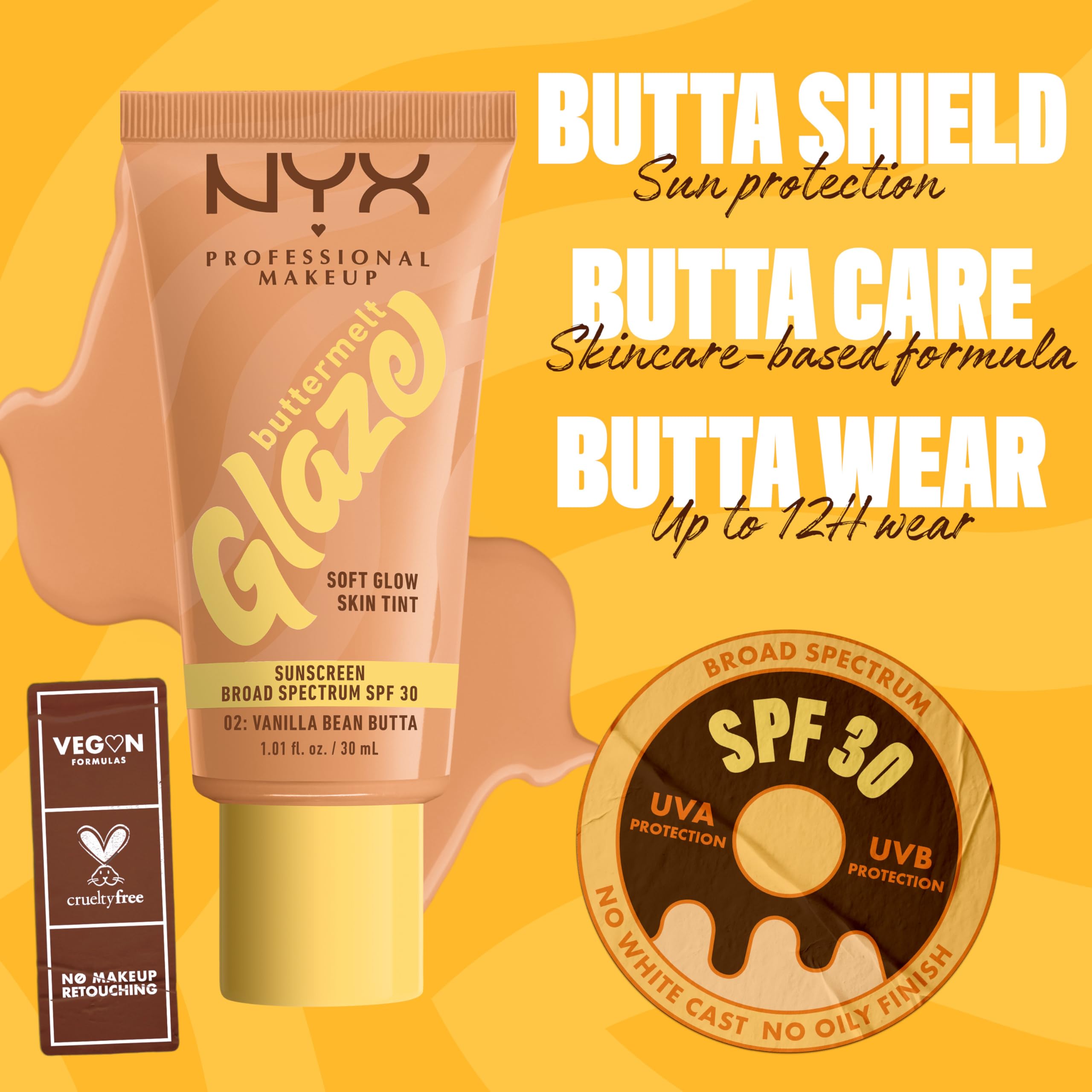 NYX PROFESSIONAL MAKEUP bottle label closeup showing SPF 30 and ingredient callouts for protection clarity