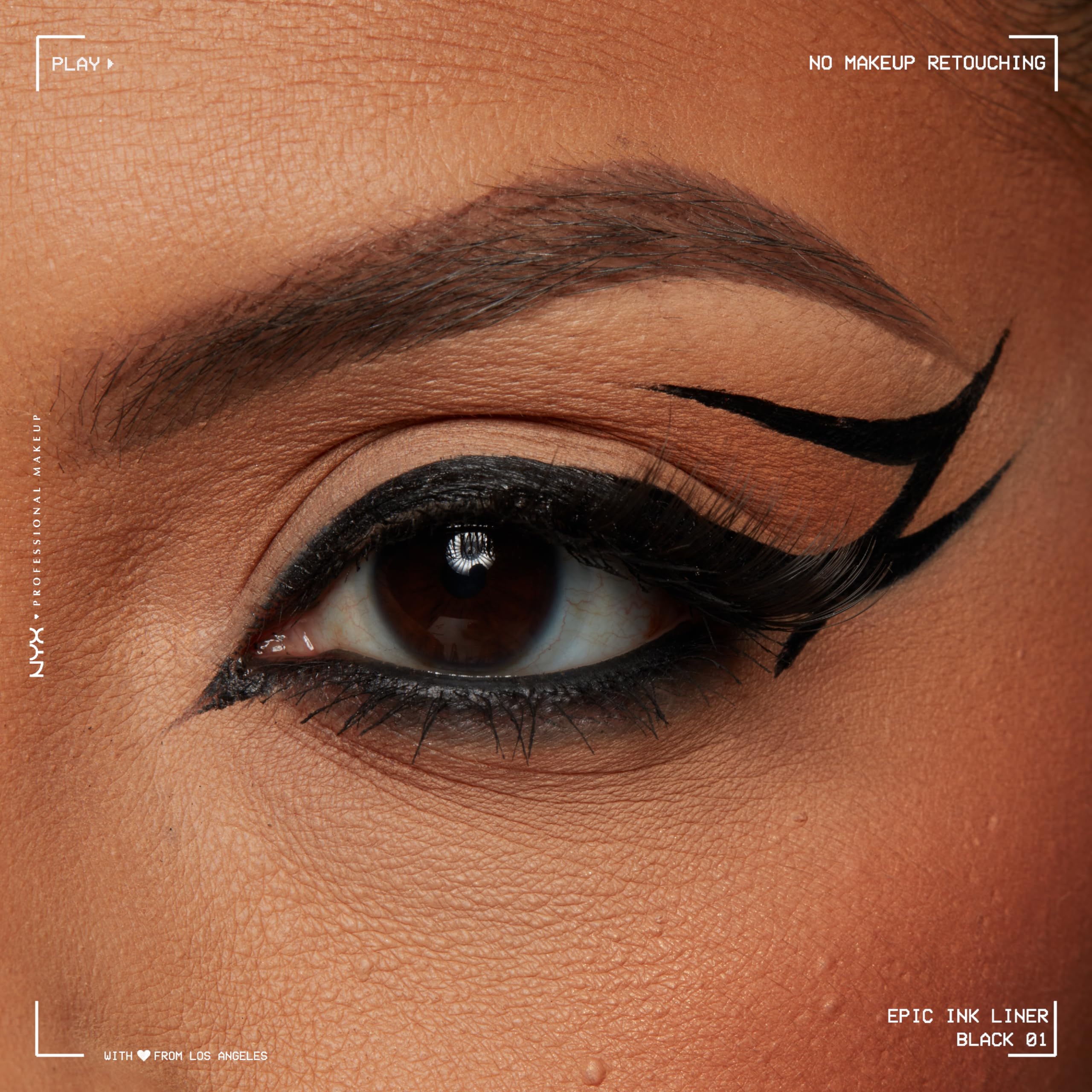 NYX Professional Makeup winged eyeliner demo showing sharp, bold wing benefit