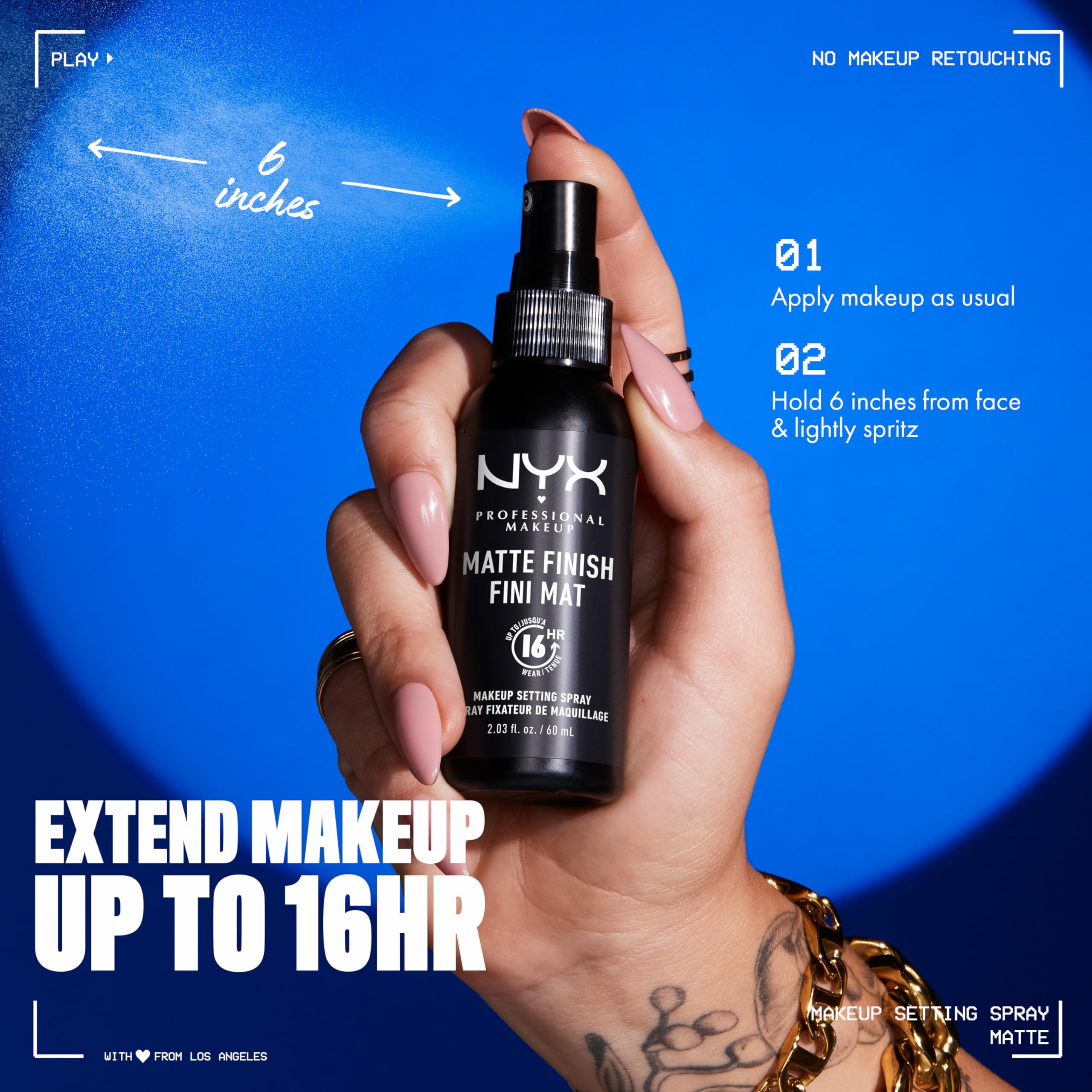 NYX PROFESSIONAL MAKEUP bottle held in hand showing size and portability