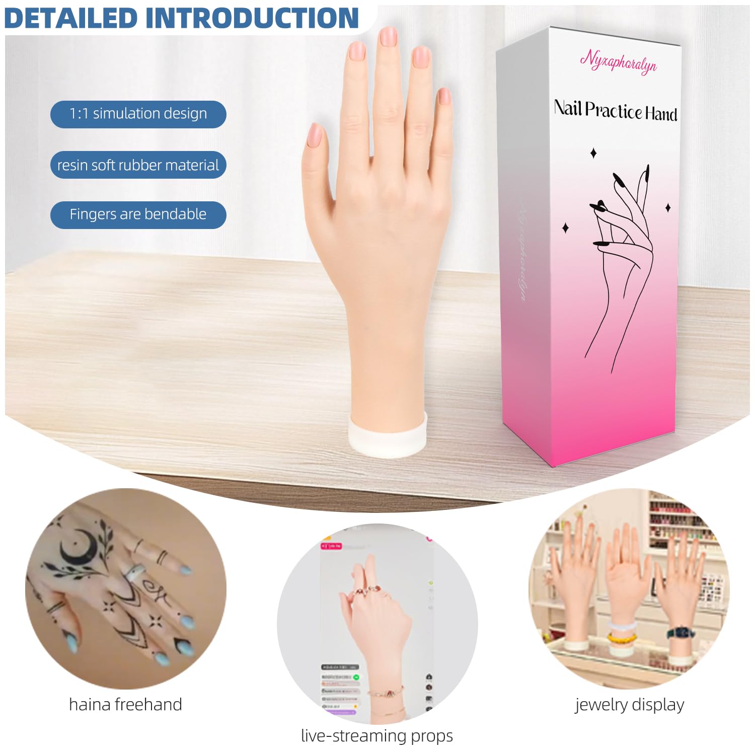 Nyxaphoralyn packaging with stand and hand, showing included components