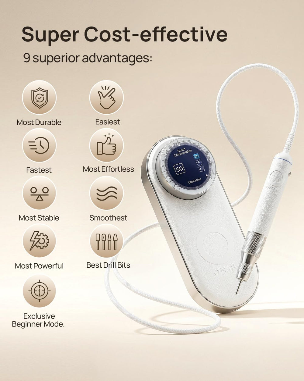 O NAIL handpiece close-up highlighting low-vibration grip for comfort