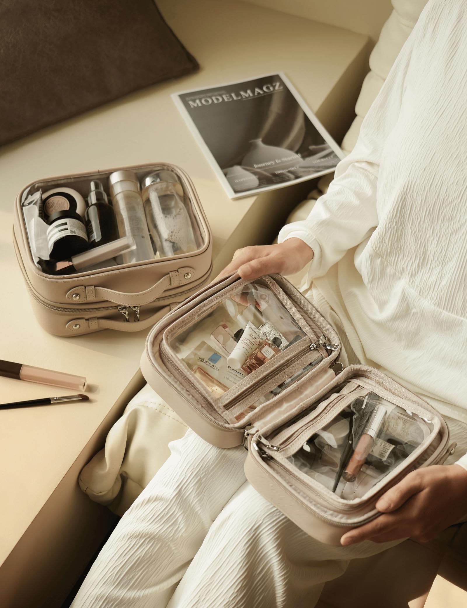Oaque filled with travel toiletries demonstrating compact capacity