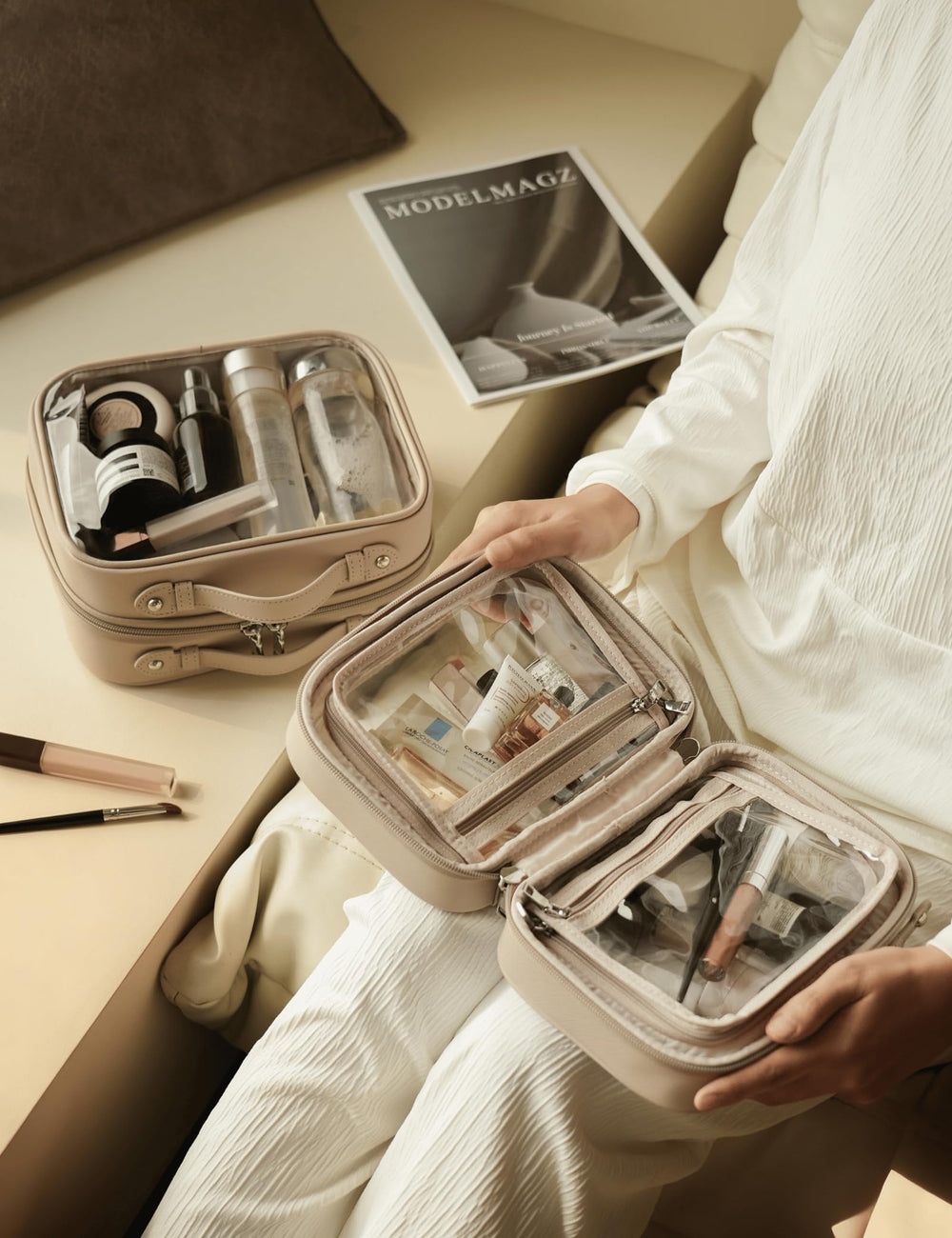 Oaque filled with travel toiletries demonstrating compact capacity