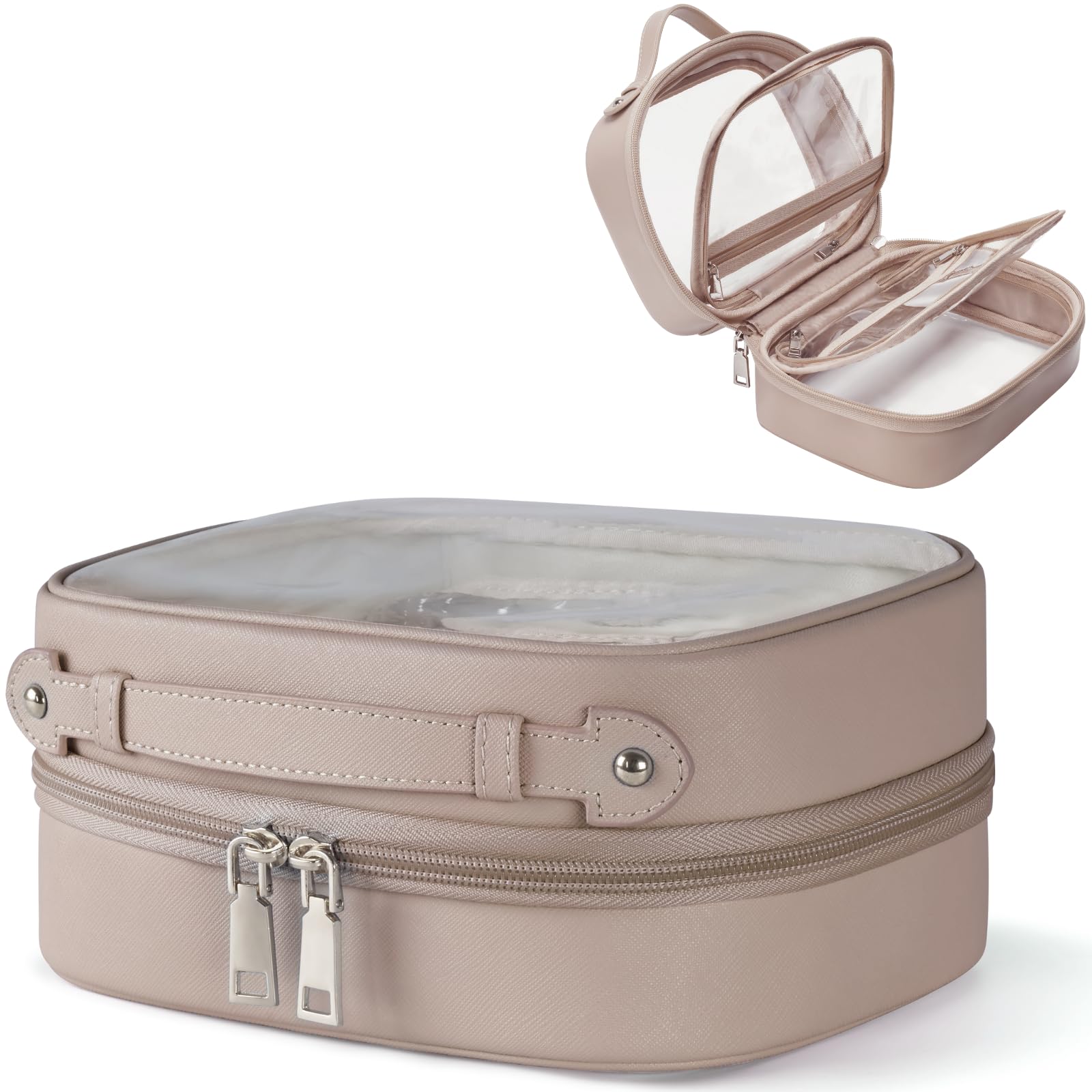 Oaque front view taupe clear cosmetic bag showing organized visibility