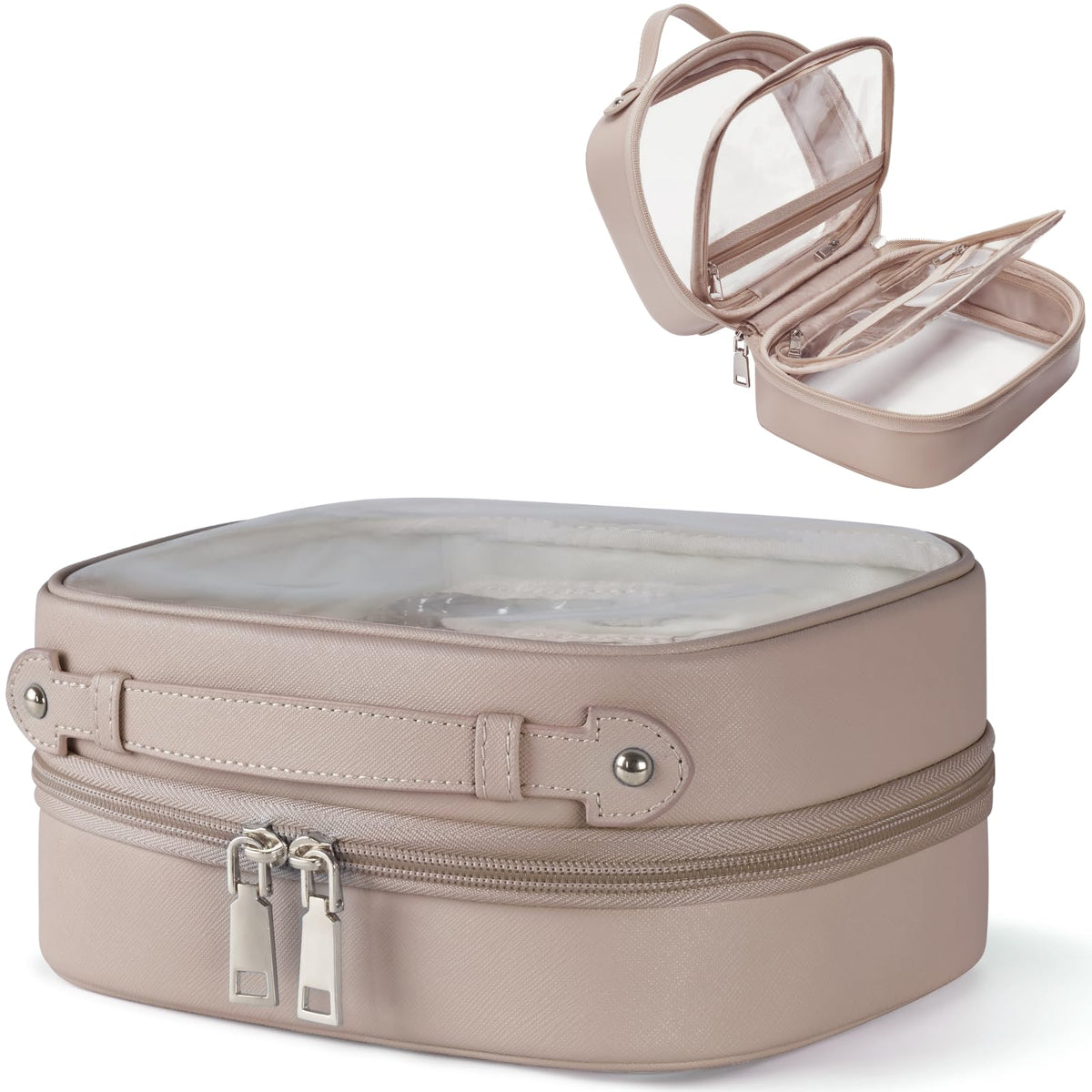 Oaque front view taupe clear cosmetic bag showing organized visibility