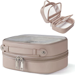 Oaque front view taupe clear cosmetic bag showing organized visibility