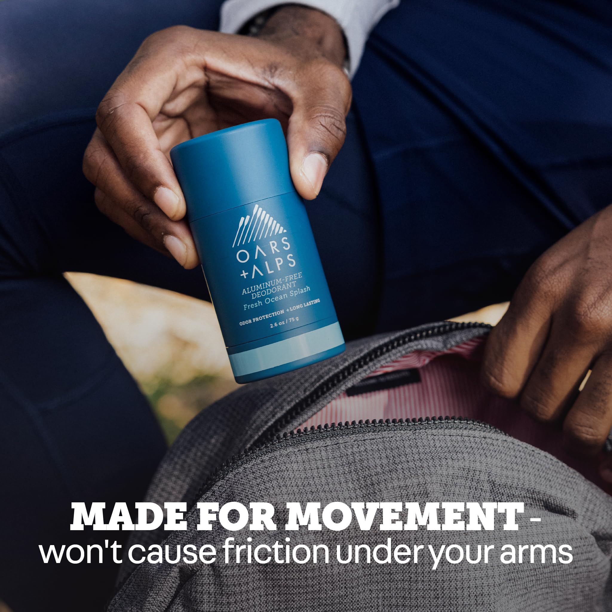 Oars + Alps deodorant being applied to underarm demonstrating fast-drying benefit
