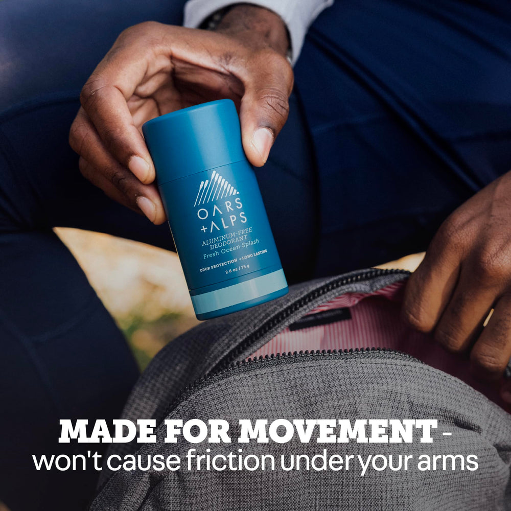 Oars + Alps deodorant being applied to underarm demonstrating fast-drying benefit