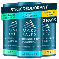 oars + alps front packaging showing clear deodorant benefits and travel size