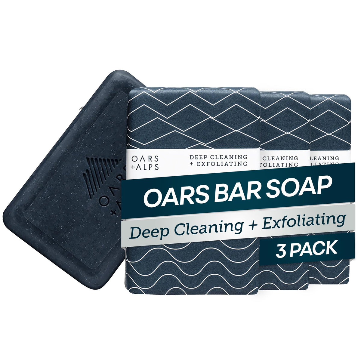 Oars + Alps front packaging showing blue charcoal soap, clear travel benefit