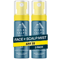 Oars + Alps front packaging of SPF 35 face and scalp mist, travel-ready protection