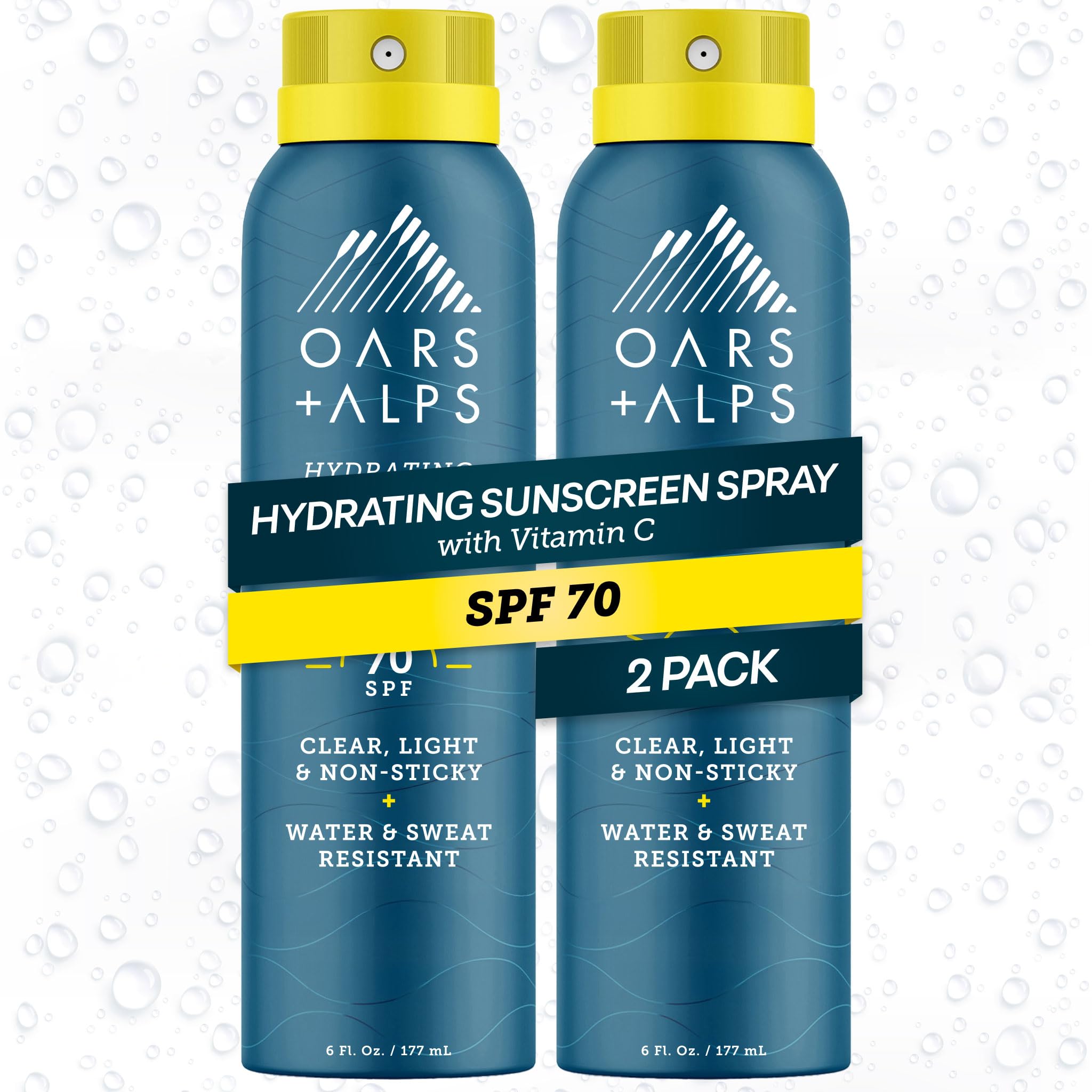 Oars + Alps front packaging showing SPF 70 benefits and clear spray