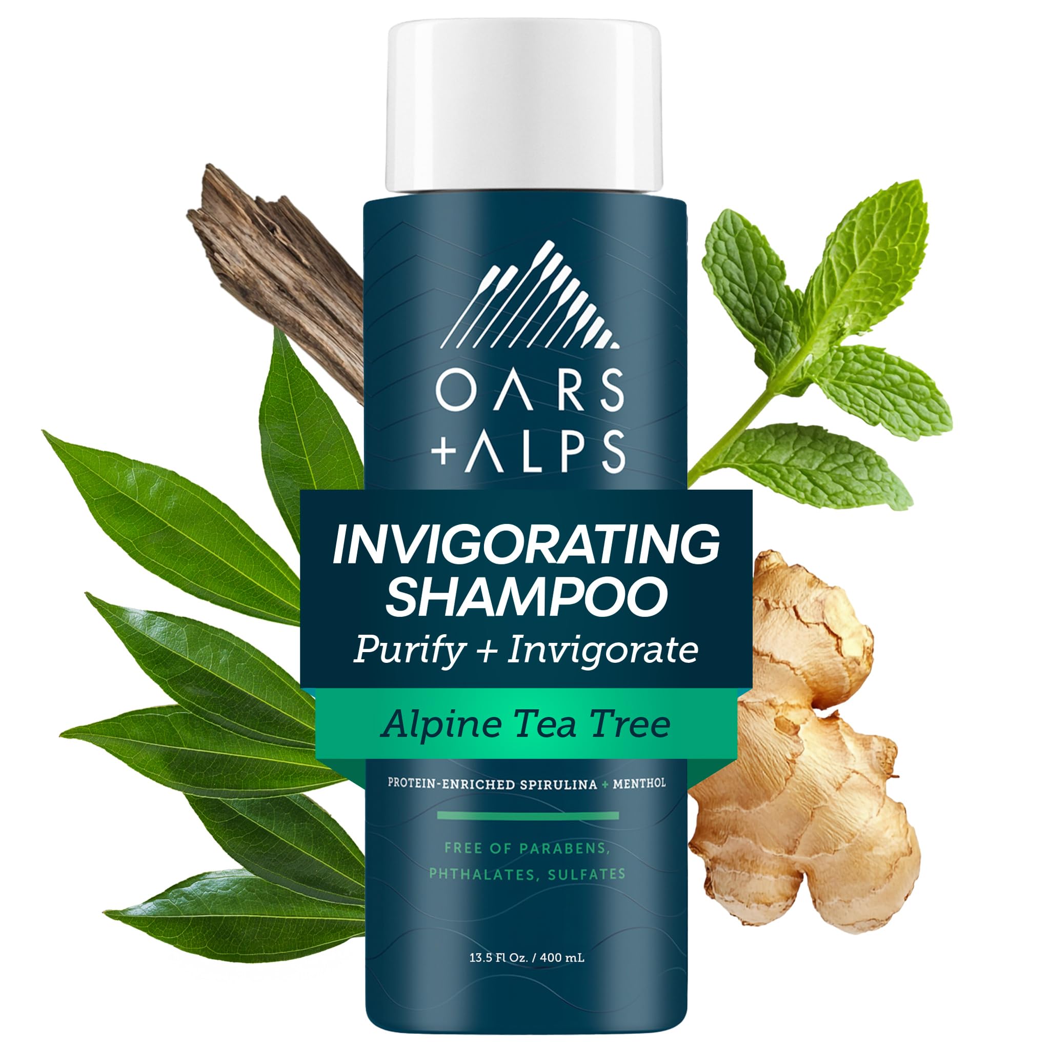 Oars + Alps front bottle showing tea tree shampoo benefits