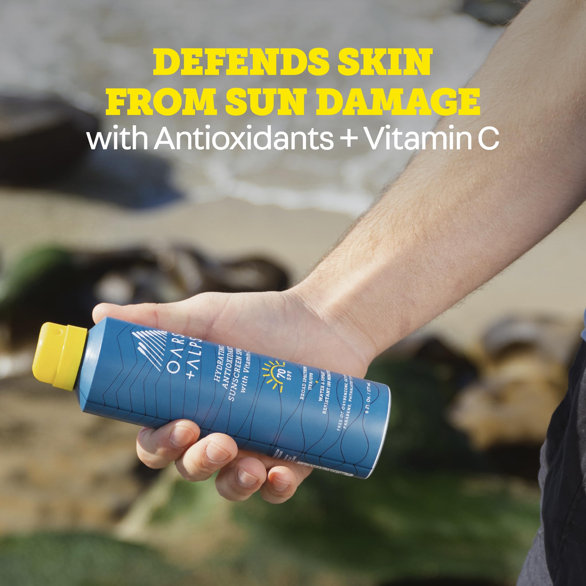 Oars + Alps applied at beach showing water-resistant protection during activity
