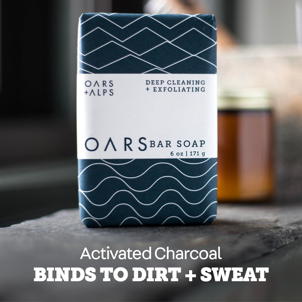 Oars + Alps ingredients still life with charcoal algae and shea butter, natural formula benefit