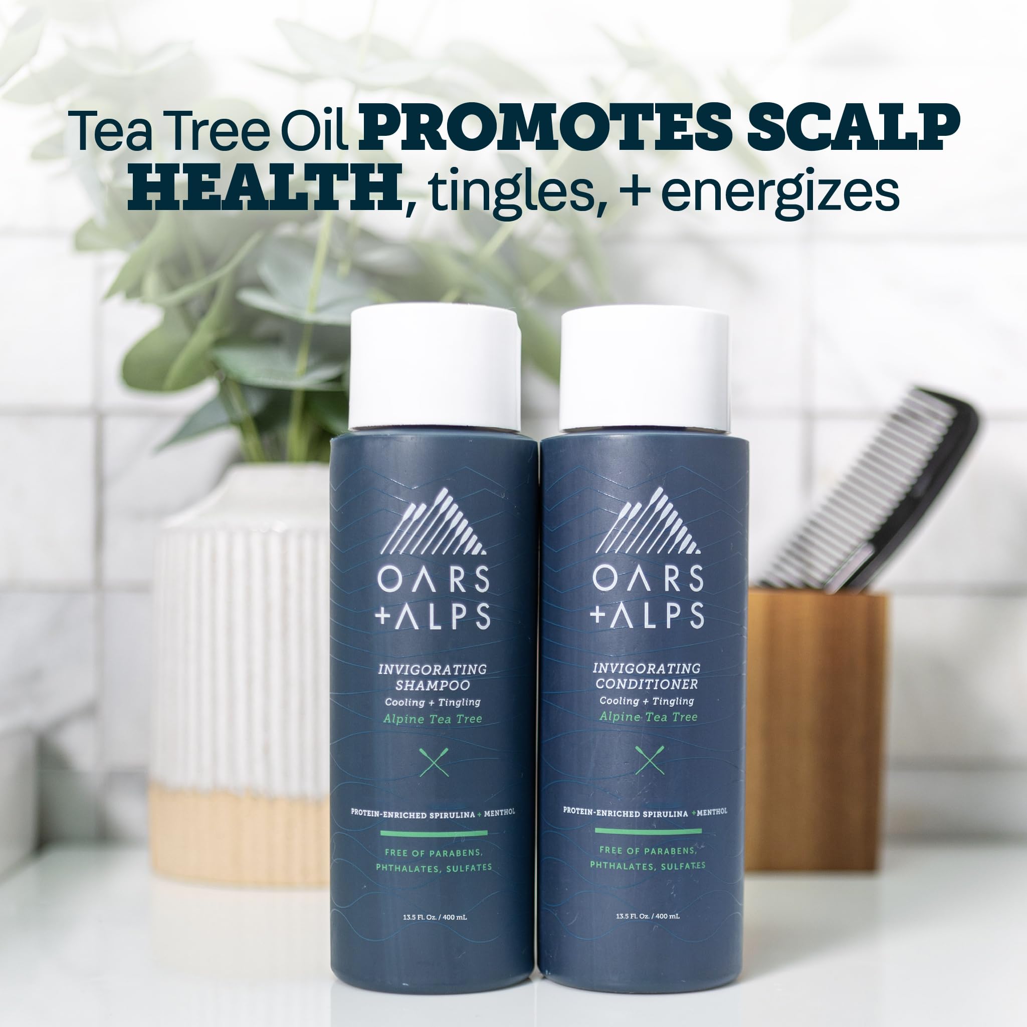 Oars + Alps shampoo on bathroom shelf for everyday grooming