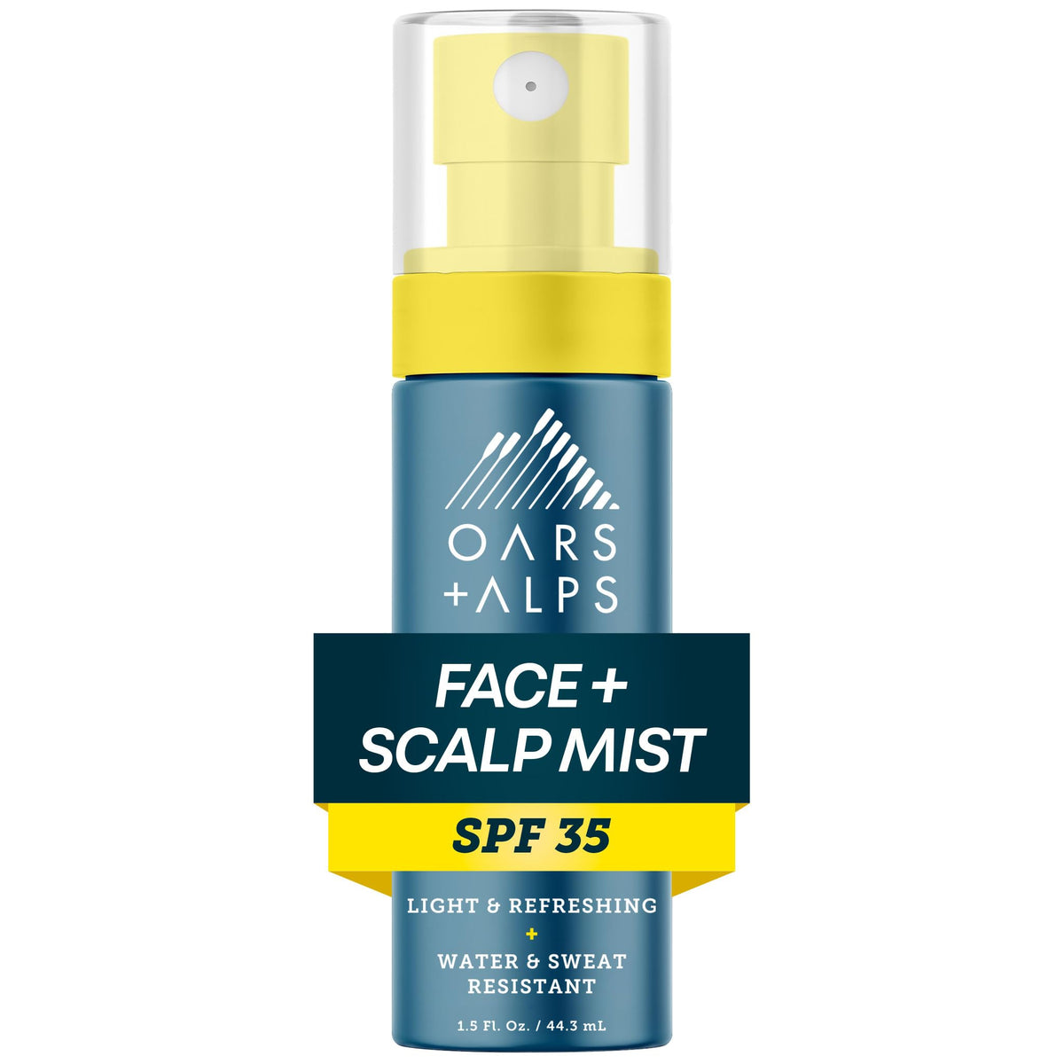 Oars + Alps front packaging showing compact sunscreen mist and SPF 35 protection