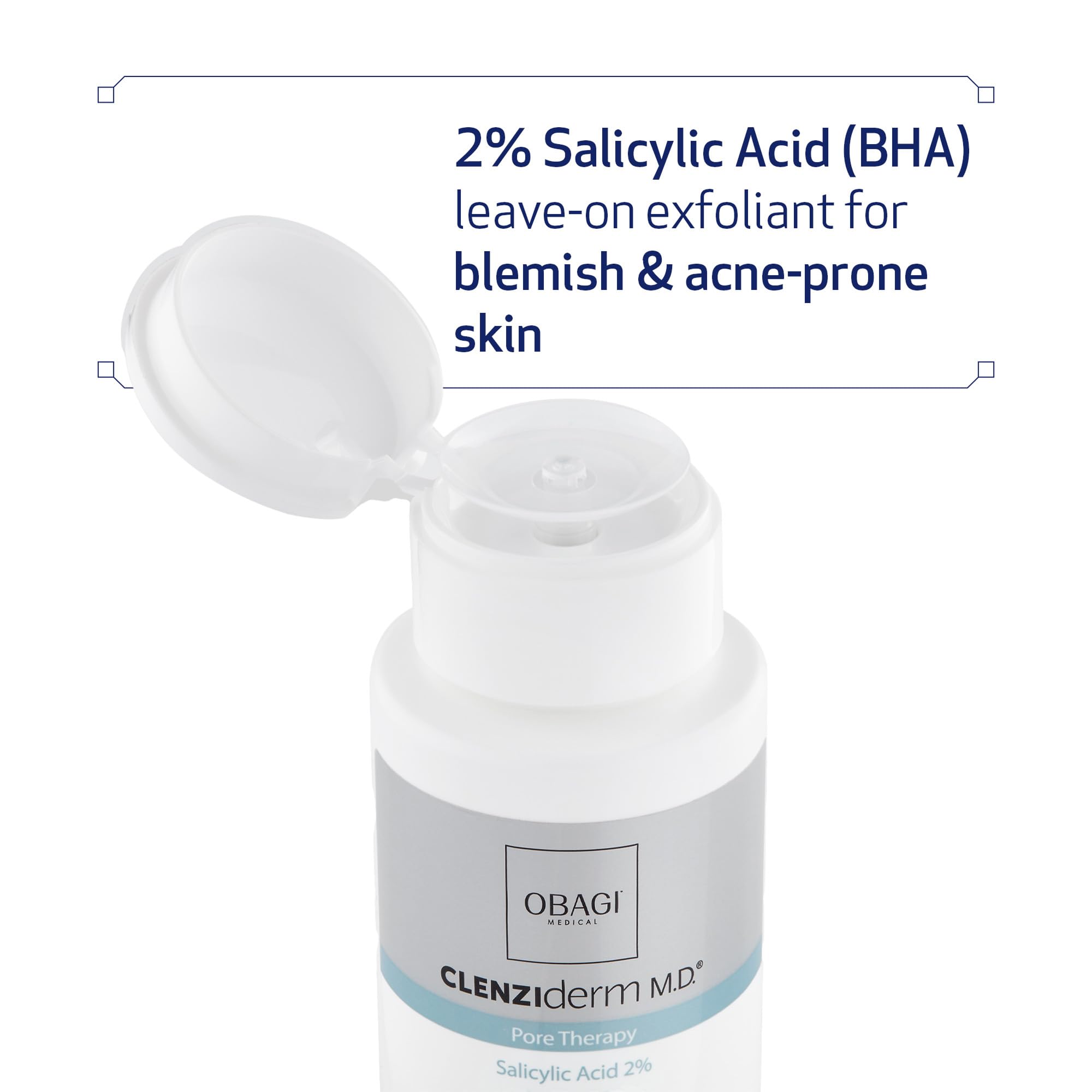 Obagi Medical CLENZIderm M.D. label close-up highlighting 2% salicylic acid for pore exfoliation benefit